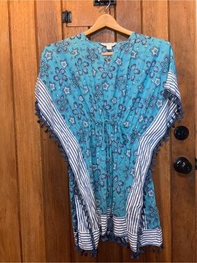Blue Floral Tassel Kaftan Like Top - Adjustable Tie Waist